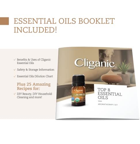 Подаръчен комплект органични етерични масла за ароматерапия Cliganic (Топ 8), Чисти - мента, Лавандула, евкалипт, Чаено дърво,
