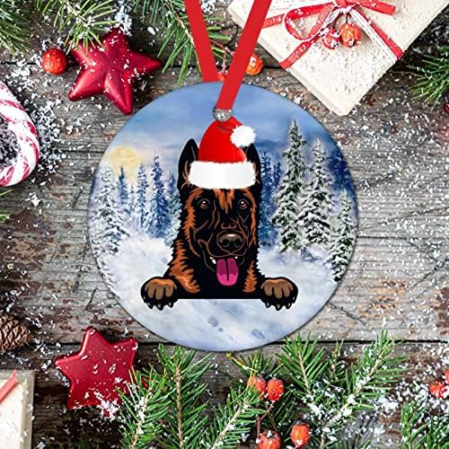 Коледна Украса за кучета, която гледа от Елхи Куче с Шапка на Дядо Коледа, Кръгли Керамични Украшения за Коледна украса, Акварелни