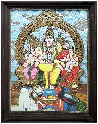 Екзотична Индийска картина 40 x 51 Семейството на Лорд Шива Танджоре | Традиционните Цветове С 24-Каратово злато | Рамка от Тиково
