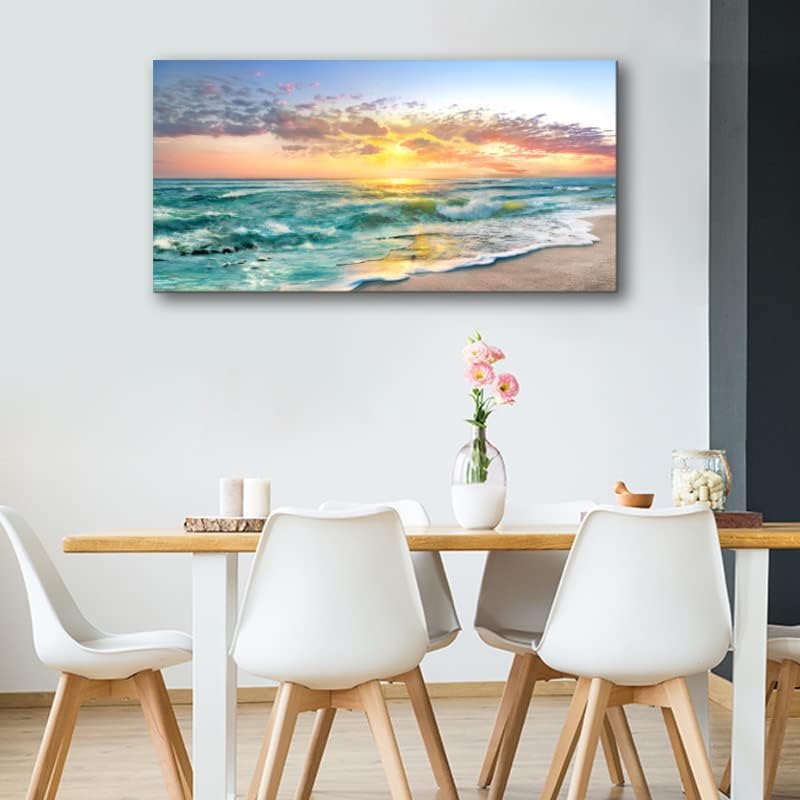 Картини с океански плаж за декора на стените - Стенно изкуство за хола Голям размер на Над леглото - В рамка С участието на Тюркоаз