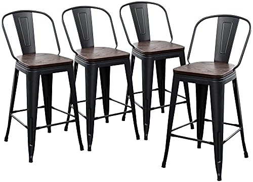 Yongqiang Метални Бар Столове Комплект от 4 Продуктова на Стола с висока Облегалка Кът Бар Столове Часова Високи Бар Столове с Дървена