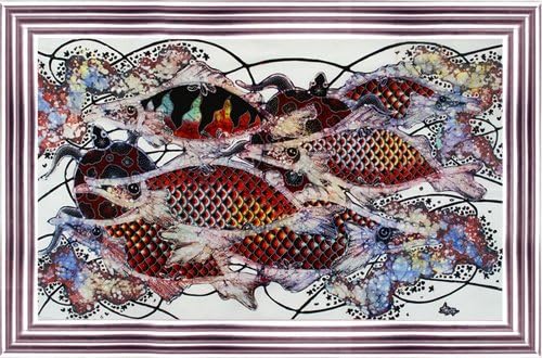 Оригинална художествена живопис батик върху Памучна тъкан, Риба и дълголетие от Agung (75 cm x 45 cm)