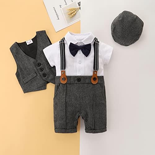 Комплект панталони за малки Господа XYWAXFF за Малки Момчета, Гащеризон с къс ръкав и папийонка + (Жилетка) + (Шапка) + Шорти с